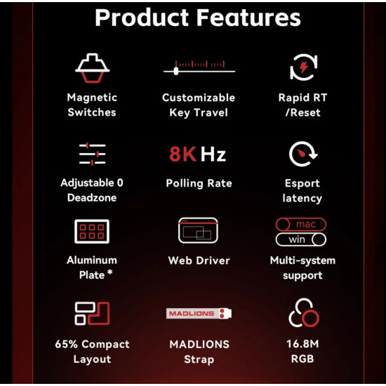 Madlions професионална геймърска механична клавиатура Professional Gaming Mechanical Keyboard MAD 60 HE Flagship V2 - 8K, Magnetic Amber Pro Switches - White