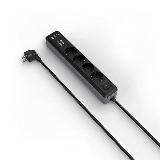 Hama Power Strip, 4-Way, USB-C/A 65 W, PD, Switch, 1.4 m, black/grey