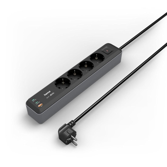 Hama Power Strip, 4-Way, USB-C/A 65 W, PD, Switch, 1.4 m, black/grey