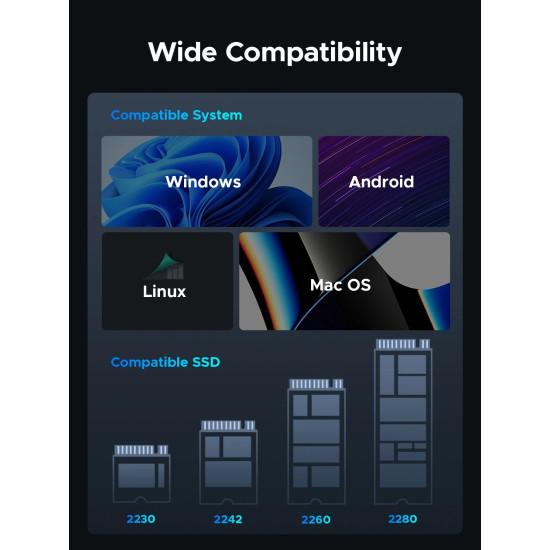 Orico външна кутия за диск Storage - Case - M.2 NVMe M key - USB-C/A, 20Gbps, Built-in Air Cooling, Aluminium - OUM2-G20-SV