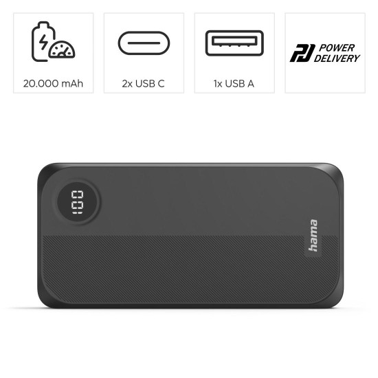 Hama Power Pack 20000 mAh, 3 outputs: 2 x USB-C, 1 x USB-A, black