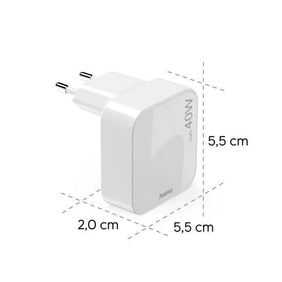 Hama Fast Charger, GaN, 2x USB-C, Folding Mini Charger, PD, 40 W, white