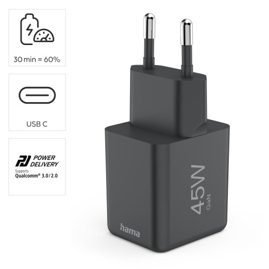 Hama Fast Charger, GaN, USB-C, Super-Mini Charger, PD, 45 W, black