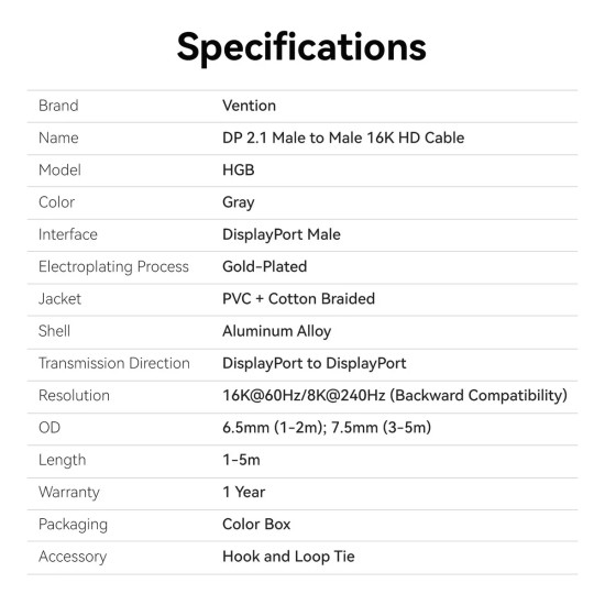 Vention Кабел Cable - Display Port v2.1 DP M / M Black 16K@60Hz, 2M - HGBHH