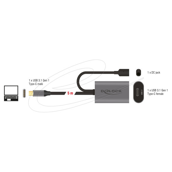 Delock Кабел активен удължителен USB-C към USB-C женско , 5m, (доп. DC захранващ сокет за опцион. захр.)