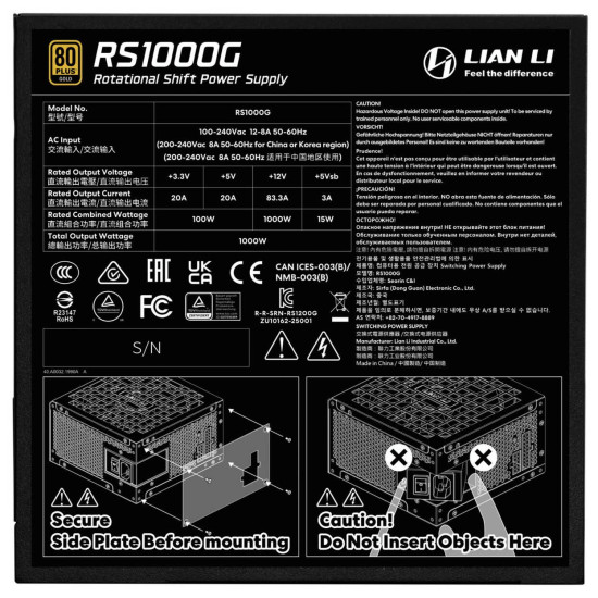 Power Supply Lian Li RS 1000W 80+ Gold PCIe 5.1, ATX 3.1 - Black