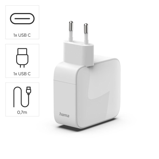Hama Fast Charger, GaN, 2x USB-C, Extendable Charging Cable, PD, 65 W, white
