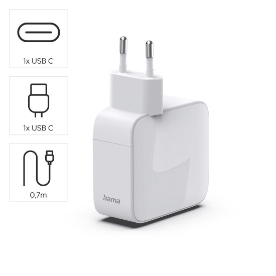 Hama Fast Charger, GaN, 2x USB-C, Extendable Charging Cable, PD, 30 W, white