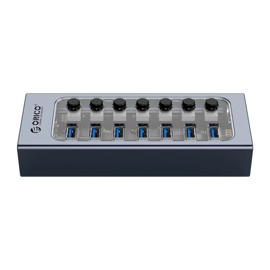 Orico хъб USB3.0 HUB 7 port with Power Adapter, On/Off buttons, Aluminium - AT2U3-7AB-EU-GY