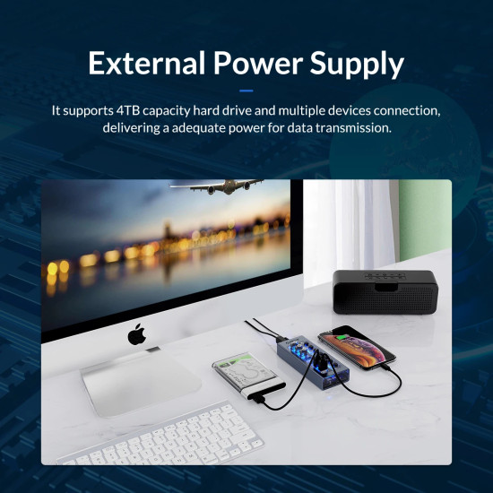 Orico хъб USB3.0 HUB 7 port with Power Adapter, On/Off buttons, Aluminium - AT2U3-7AB-EU-GY