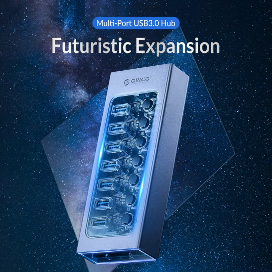 Orico хъб USB3.0 HUB 7 port with Power Adapter, On/Off buttons, Aluminium - AT2U3-7AB-EU-GY