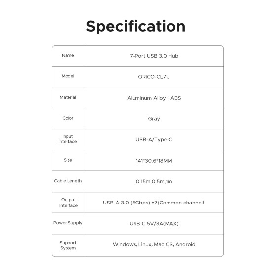 Orico хъб USB3.0 HUB 7 port Black - CL7U-U3-10-GY-BP