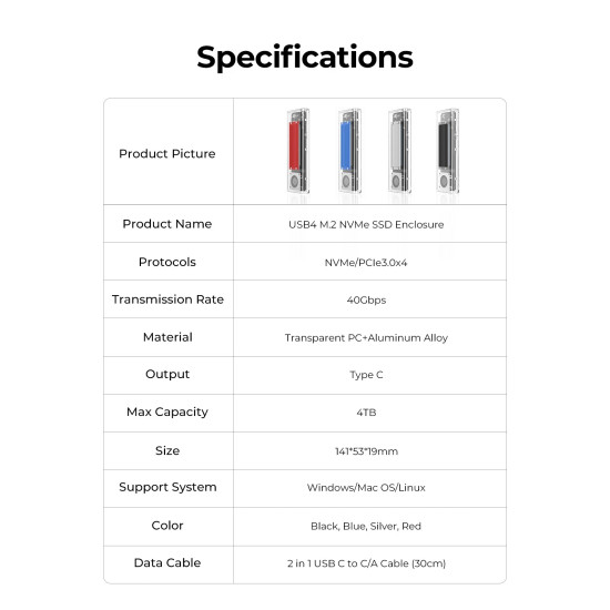 Orico външна кутия за диск Storage - Case - M.2 NVMe M key - 40Gbps, USB-A/USB-C - TCM2-U4-BK-BP