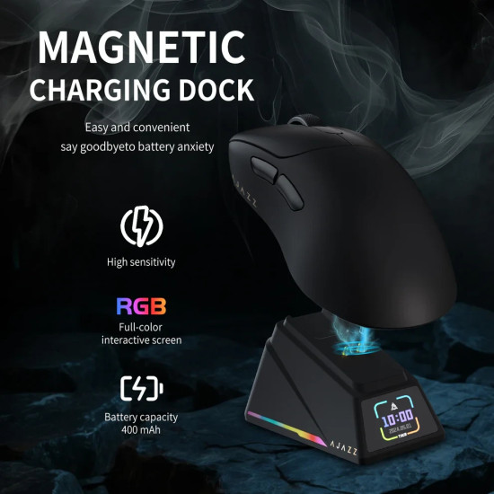 Ajazz професионална геймърска мишка AJ179 APEX - Wireless Gaming Mouse - 8K, Magnetic Charging Dock, White