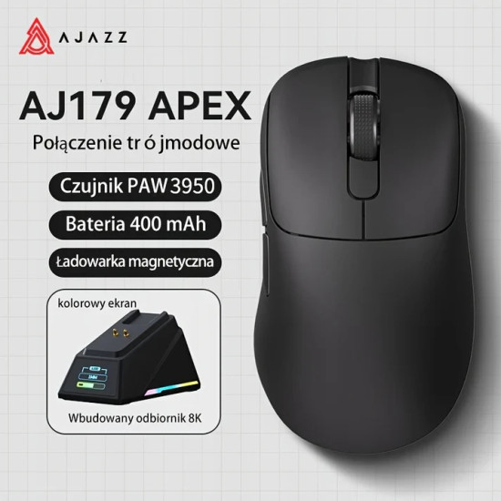 Ajazz професионална геймърска мишка AJ179 APEX - Wireless Gaming Mouse - 8K, Magnetic Charging Dock, Black