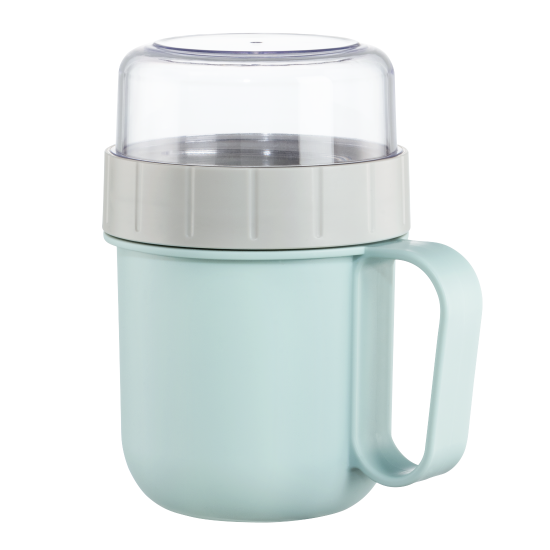 Xavax Cereal Mug To Go, with Topper, 2 Compartments, 500 + 200 ml, pastel blue/grey