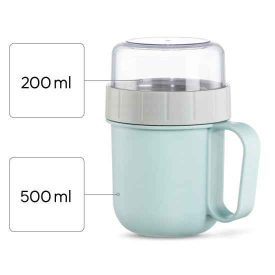 Xavax Cereal Mug To Go, with Topper, 2 Compartments, 500 + 200 ml, pastel blue/grey
