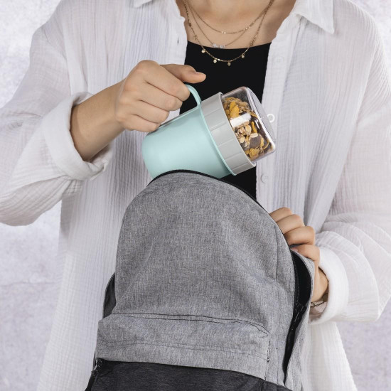 Xavax Cereal Mug To Go, with Topper, 2 Compartments, 500 + 200 ml, pastel blue/grey