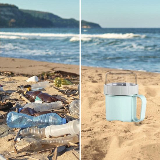 Xavax Cereal Mug To Go, with Topper, 2 Compartments, 500 + 200 ml, pastel blue/grey