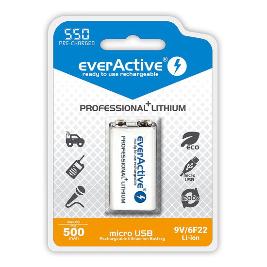 Rechargeable Battery  R22 9V LiIon 500mAh/550 precharged +micro Usb 1 pc. pack EVERACTIVE