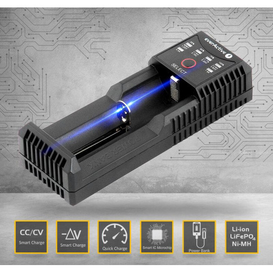 Зарядно устройство за LiIon/NiMh батерии 3,7v/1.2v универсално 1 гнездо USB micro UC-100 EverActive