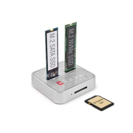 Delock Docking Station for 1 x M.2 NVMe SSD + 1 x M.2 SATA SSD with SD Express (SD 7.1) Card Reader and Clone Function