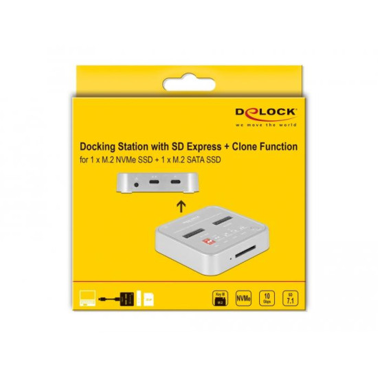 Delock Docking Station for 1 x M.2 NVMe SSD + 1 x M.2 SATA SSD with SD Express (SD 7.1) Card Reader and Clone Function