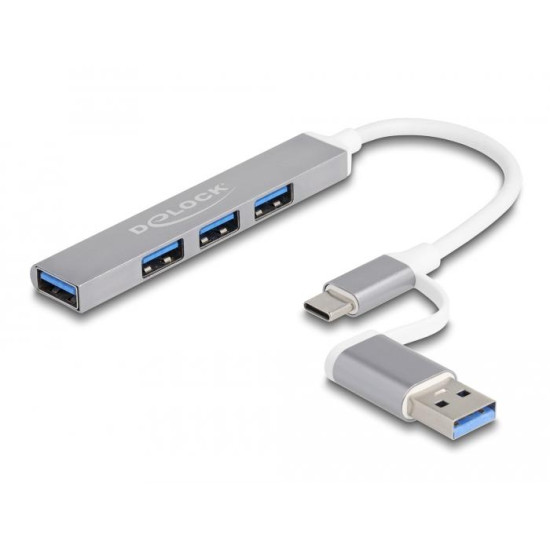 Delock 4 Port Slim USB Hub with USB-C or USB-A to 3 x USB-A 2.0 female + 1 x USB-A 5 Gbps female