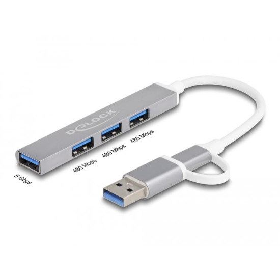 Delock 4 Port Slim USB Hub with USB-C or USB-A to 3 x USB-A 2.0 female + 1 x USB-A 5 Gbps female