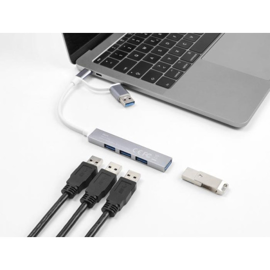 Delock 4 Port Slim USB Hub with USB-C or USB-A to 3 x USB-A 2.0 female + 1 x USB-A 5 Gbps female