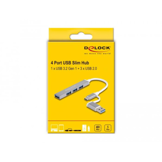 Delock 4 Port Slim USB Hub with USB-C or USB-A to 3 x USB-A 2.0 female + 1 x USB-A 5 Gbps female
