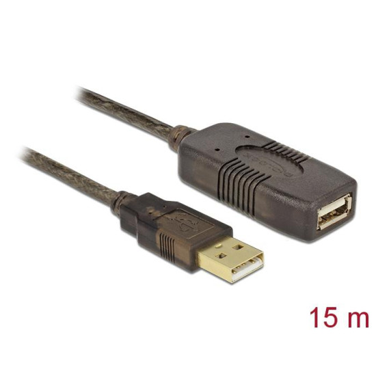 Удължителен кабел DeLock, USB-A женско - USB-A мъжко, USB 2.0, 15 м, Черен