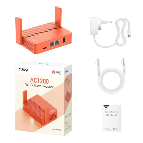 Wireless Router CUDY Travel TR1200, AC1200, 2 x 10/100 Mbps, USB3.0, червен