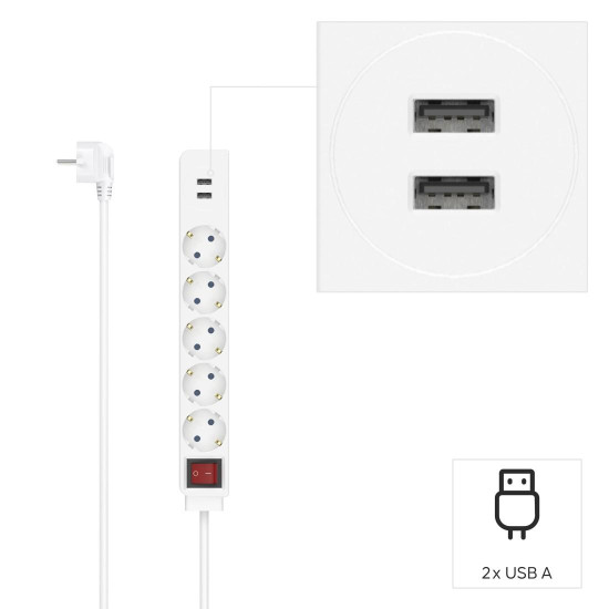 Hama Power Strip, 5-Way, USB-A 17 W, Switch, 223183