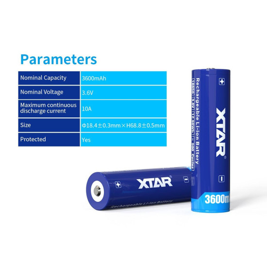 Rechargeable Battery XTAR 18650  for torches with protection, 3600mAh, Li-ion