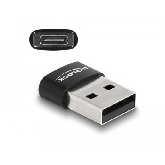 Адаптер Delock, USB 2.0, USB Type-A мъжко - USB Type-C женско, Черен