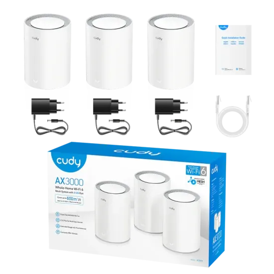 Безжична MESH система Cudy M3000, 3 броя, AX3000 Dual Band, 2.4/5 GHz, 574 -  2402 Mbps