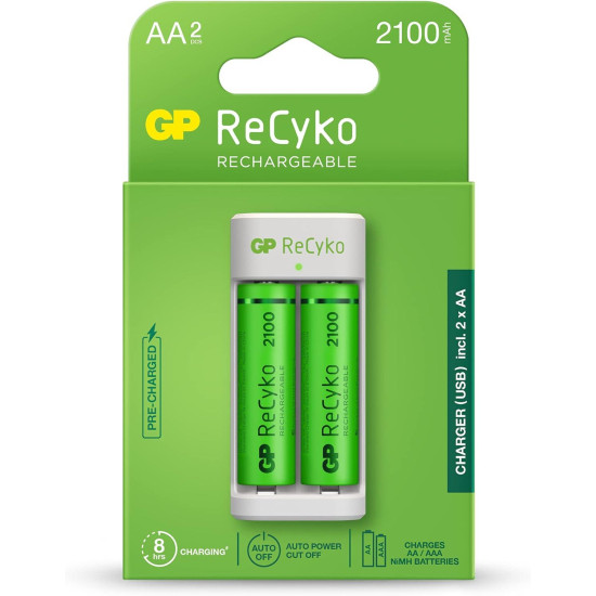 GP ReCyko 4-Slot E211 USB Charger (w/ 2's 2100mAh AA Batteries)