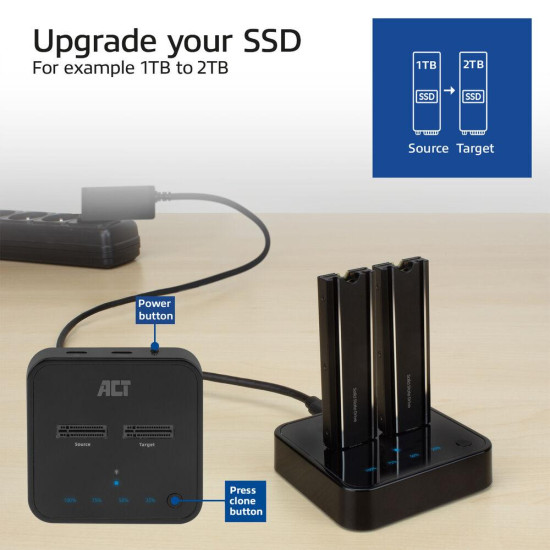 Dual SSD docking clone station, ACT M.2 NVMe/PCIe, USB-C 3.2 Gen2, 10 Gbps
