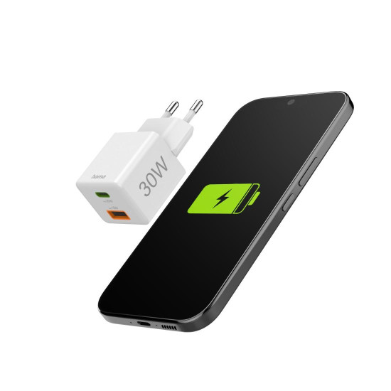 Hama Fast Charger, 1x USB-C, 1x USB-A, Mini Charger, PD, 30 W, white