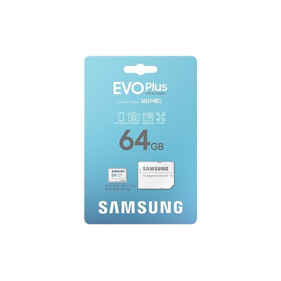 Карта памет Samsung EVO Plus, microSDXC, UHS-I, 64GB, Адаптер