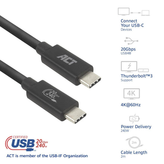 ACT Cable USB-C - USB-C, 2 m / USB4, 20Gbps, 240W, certified USB-IF