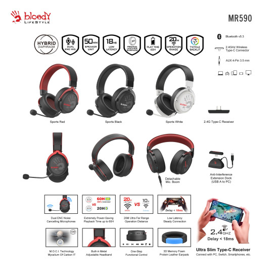 A4tech Bloody MR-590 Gaming wireless headphones with microphone, Bluetooth 3.5mm jack, white