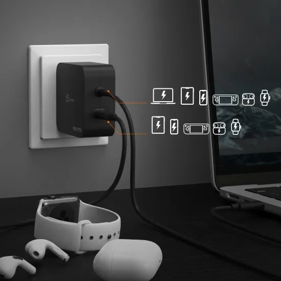 j5create JUP25102V Charger 220V- GaN 102W USB-C 2ports- for laptops, tablets, phones