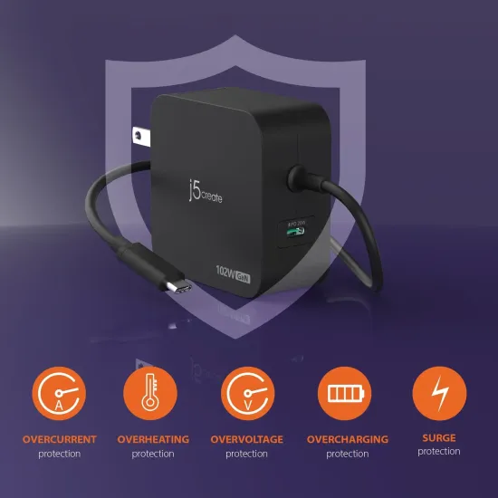 j5create JUP25102V Charger 220V- GaN 102W USB-C 2ports- for laptops, tablets, phones