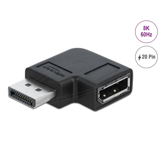 Delock Adapter 90° DisplayPort 1.4, 20 pin male to DisplayPort 1.4 20 pin female, 8K 7680 x 4320 @ 60 Hz with DSC support