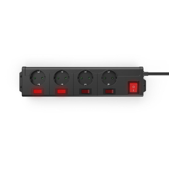 Hama Power Strip, 4-Way, 90°, Individually Switchable, Wall Mounting, 1.4 m, blk.