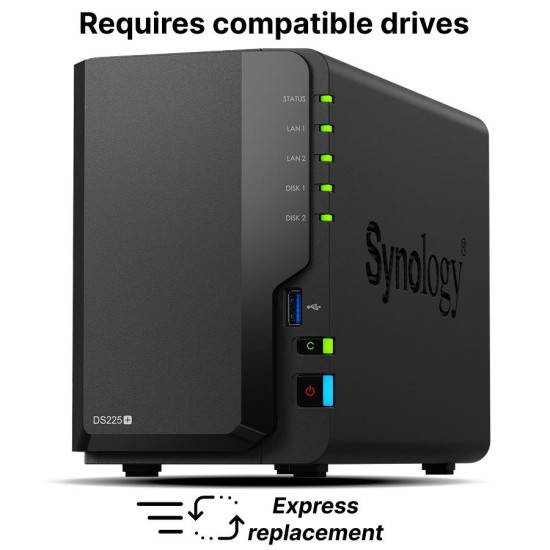 Synology DS225+, за 2 диска, Intel Celeron J4125 , 2GB DDR4 SODIMM
