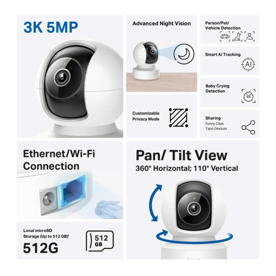 Home Security WiFi Camera TP-Link Tapo C232, 3K 5Mp with AI, Pan/Tilt, LAN, WiFi, SDmicro, night vision