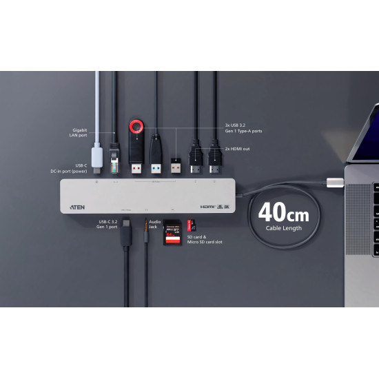 ATEN Docking 11-in-1 USB-C Multiport Dock + Power Pass-Through, 2 x HDMI, LAN, 3.5mm, USB-C, SD Card, microSD, 3 x USB 3.2